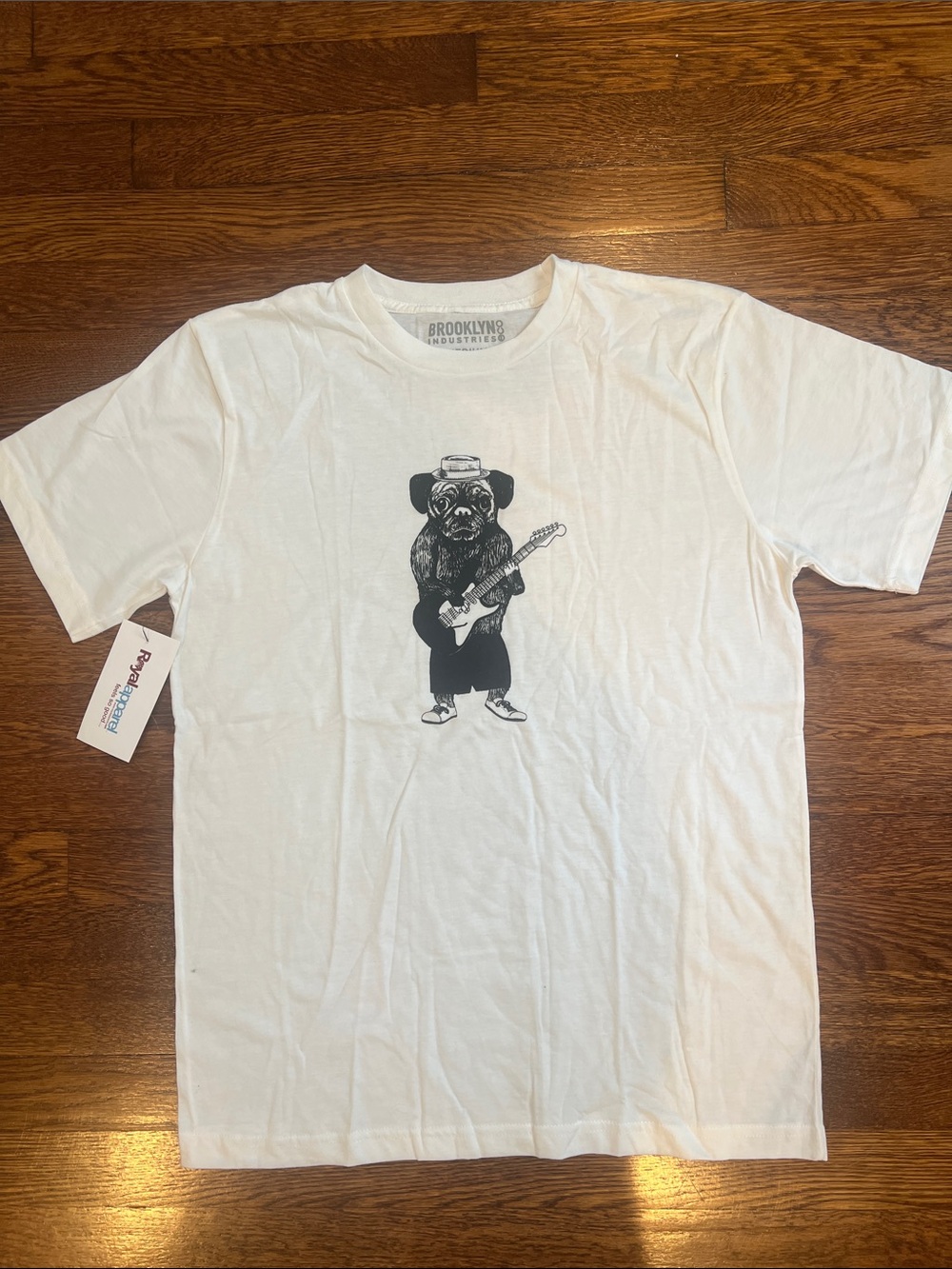 Brooklyn Industries White Tee with Black Guitar Bear Graphic